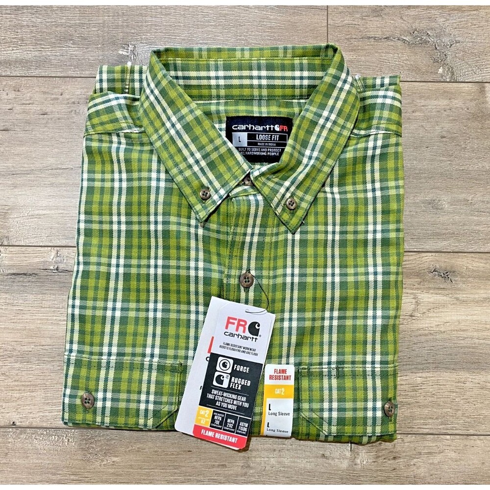 Carhartt Force FR Flame Resistant Mens Large Long Sleeve Button Plaid Flex Shirt